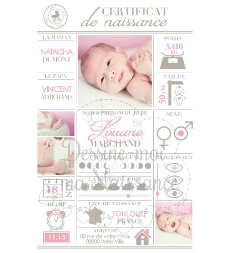 RECTO - Faire part de naissance fille - "Certificat naissance"