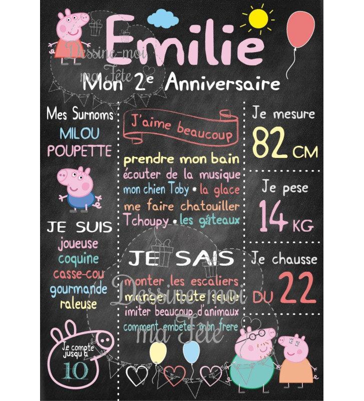 Affiche / Tableau d'anniversaire personnalisé Peppa Pig Ardoise Format  tableau 20 x 30 cm Support tableau Papier couché 250g (support non rigide)