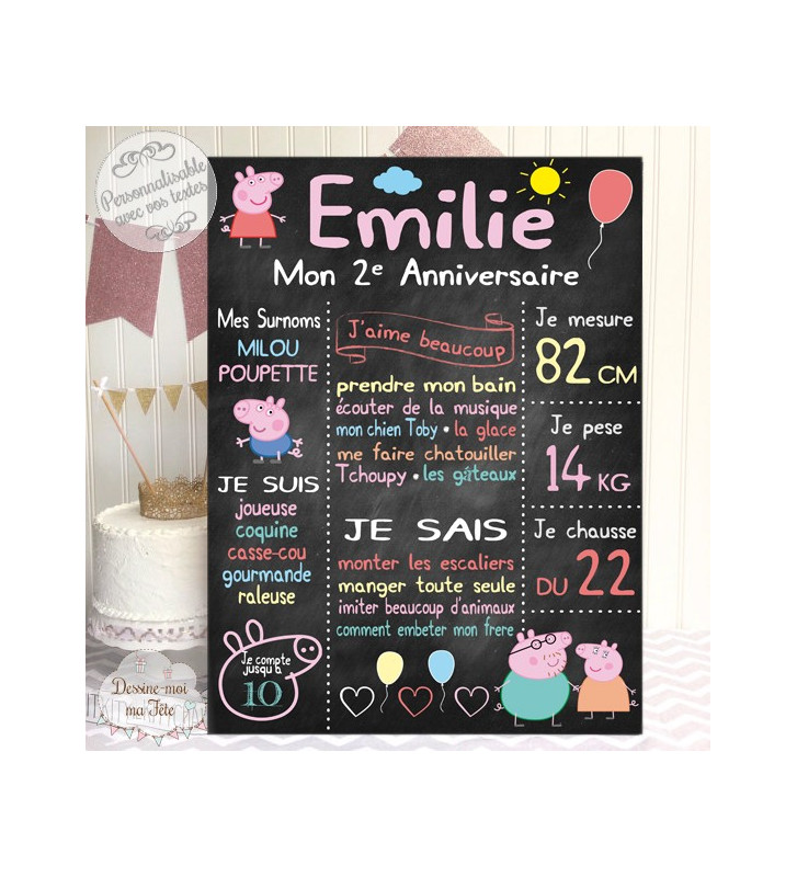 Affiche / Tableau d'anniversaire personnalisé Peppa Pig Ardoise Format  tableau 20 x 30 cm Support tableau Papier couché 250g (support non rigide)