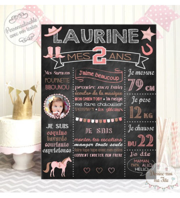 Affiche / Tableau Anniversaire personnalisé Cowgirl - chevaux et poney pour fille