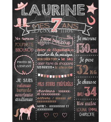 Affiche / Tableau Anniversaire personnalisé Cowgirl - chevaux et poney pour fille