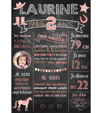 Affiche / Tableau Anniversaire personnalisé Cowgirl - chevaux et poney pour fille