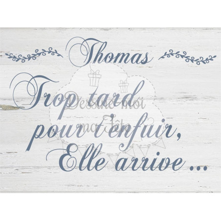Pancarte Mariage "Trop tard pour t'enfuir, elle arrive"- bois blanc avec personnalisation