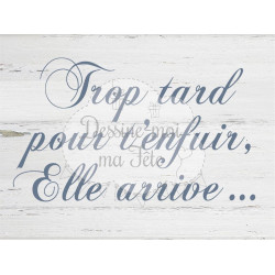 Pancarte Mariage "Trop tard pour t'enfuir, elle arrive"- bois blanc sans personnalisation