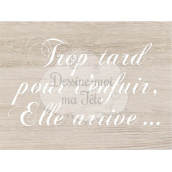 Pancarte Mariage "Trop tard pour t'enfuir, elle arrive"- bois clair sans personnalisation