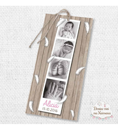 Faire part de naissance fille - "Polaroïd bois" fermé