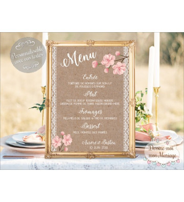 Tableau Menu Mariage "bohème" personnalisé