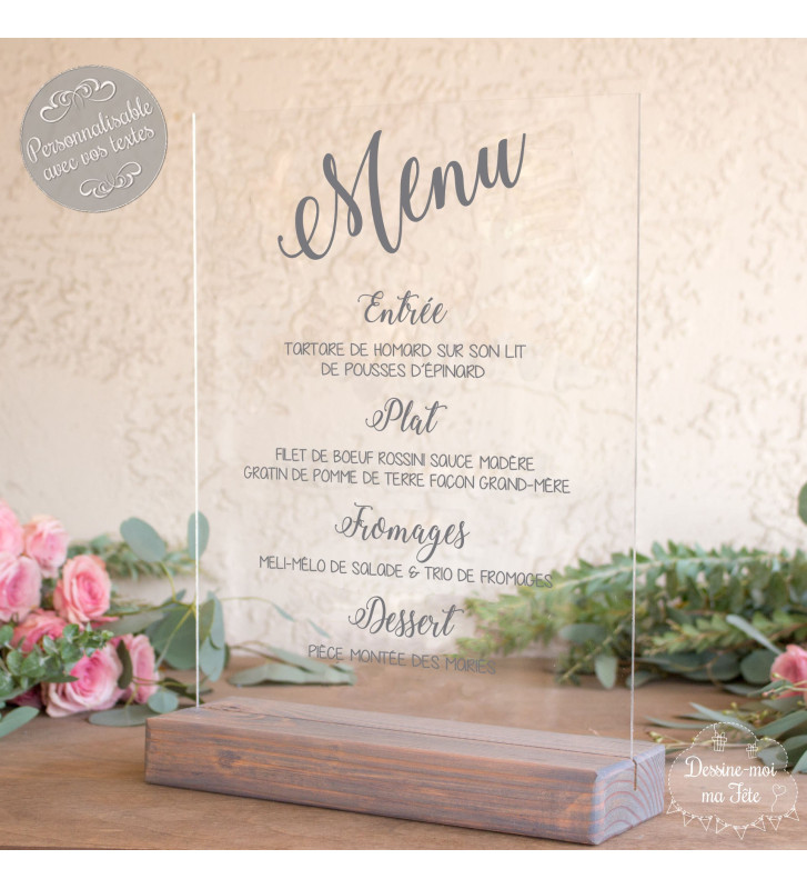 Menu mariage sur plexiglass miroir pastel numéro de tb