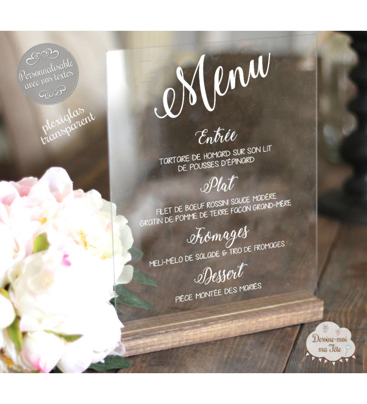 Menu Plexiglass Mariage - Menu Mariage Personnalisé