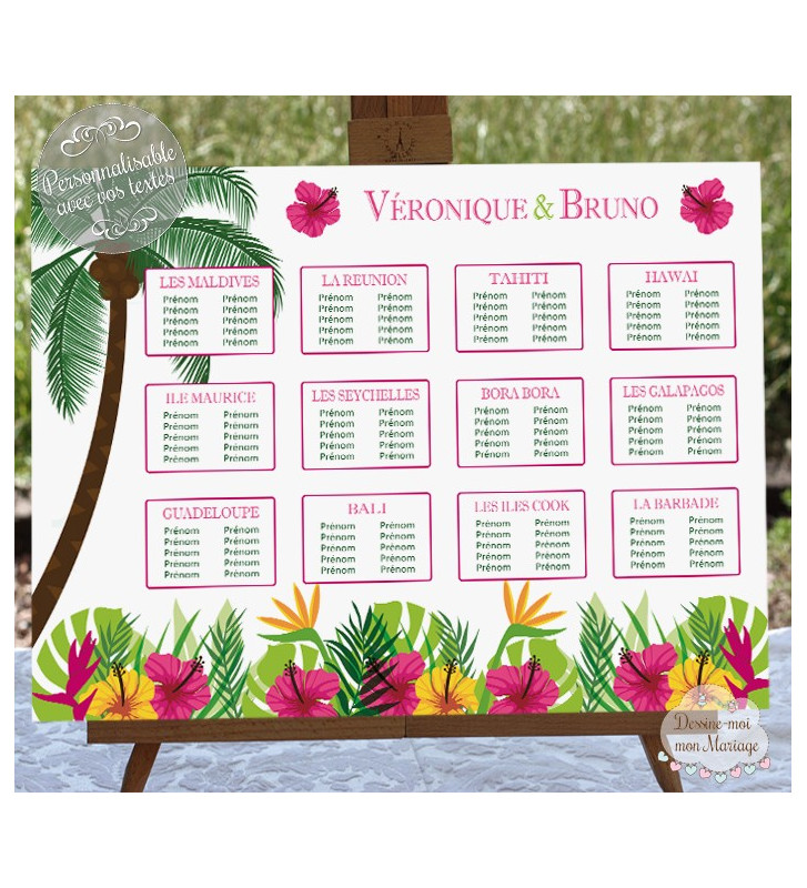 Plan de table Mariage "Les Iles / Tropique" personnalisé