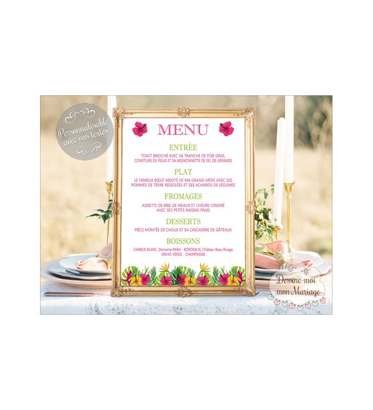 Menu Mariage " Les Iles / Tropique " personnalisé