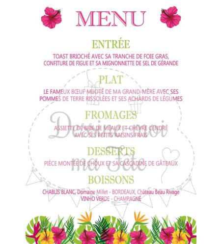 Menu Mariage " Les Iles / Tropique " personnalisé