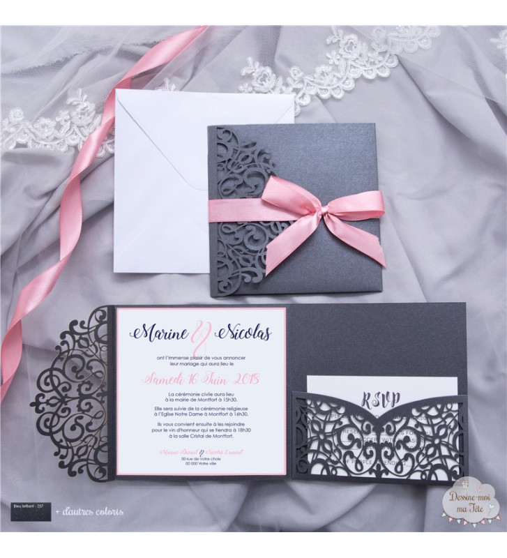 Faire-Part Mariage Gris, ruban blanc