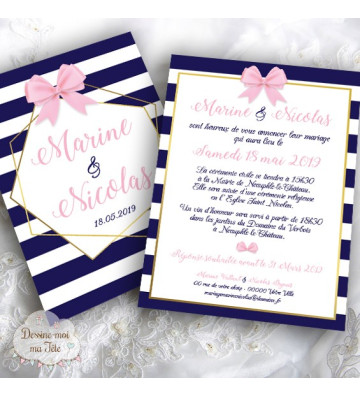 Faire part de Mariage - Bleu Foncé & Rose poudré