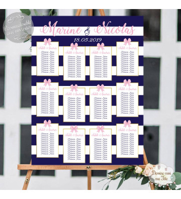 Plan de table Mariage "Bleu foncé & Rose" personnalisé