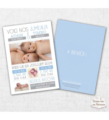 Faire part de naissance garçon - "Minimaliste Jumeaux"