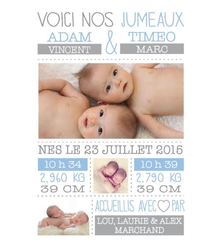 RECTO- Faire part de naissance garçon - "Minimaliste Jumeaux"