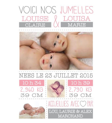 RECTO- Faire part de naissance fille - "Minimaliste Jumelles"