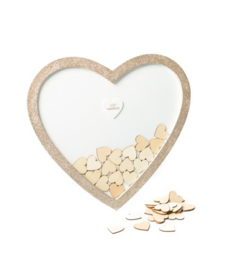 Livre d'Or mariage Cadre en bois forme de coeur + 60 coeurs en bois