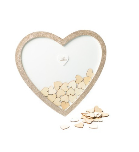 Livre d'Or mariage Cadre en bois forme de coeur + 60 coeurs en bois