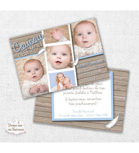 Faire part de naissance garçon - "bois & plumes"