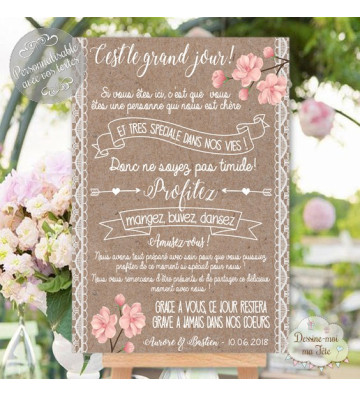 Tableau de Bienvenue Mariage "Merci Bohème / Romantique" personnalisé