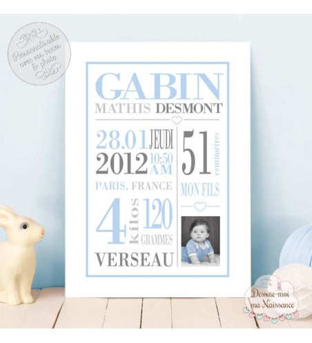"Typo 1" - Affiche / Tableau de Naissance personnalisé