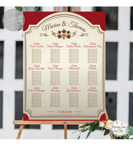 Plan de table Mariage "Les vins & Vignobles" personnalisé
