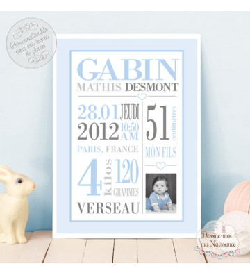 Affiche / Tableau de Naissance personnalisé - "Typo 2 Garçon"