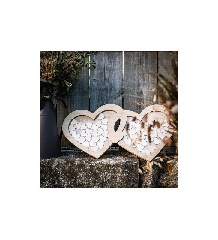 Livre d'Or mariage Cadre en bois double coeur + 60 coeurs en bois