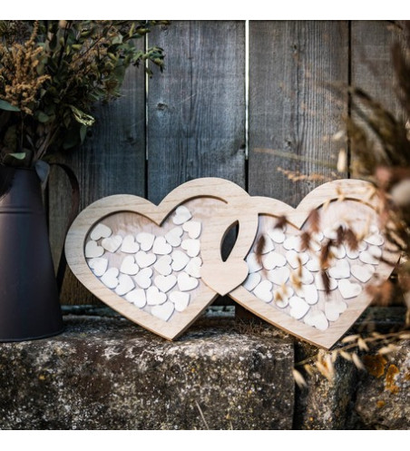 Livre d'Or mariage Cadre en bois double coeur + 60 coeurs en bois