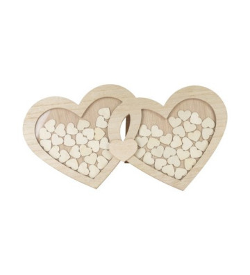 Livre d'Or mariage Cadre en bois double coeur + 60 coeurs en bois