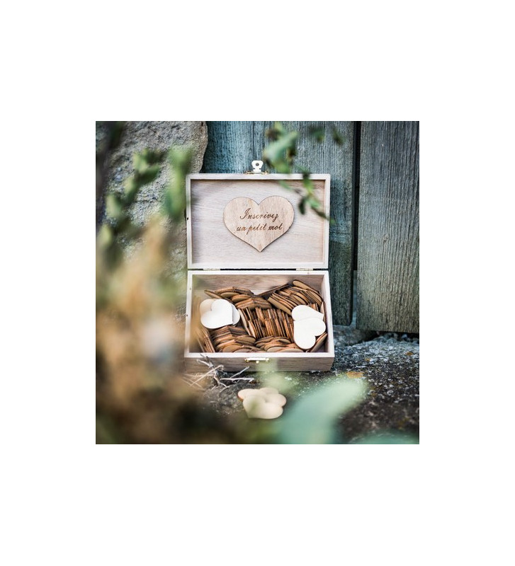 Livre d'Or mariage boite en bois + 96 coeurs en bois