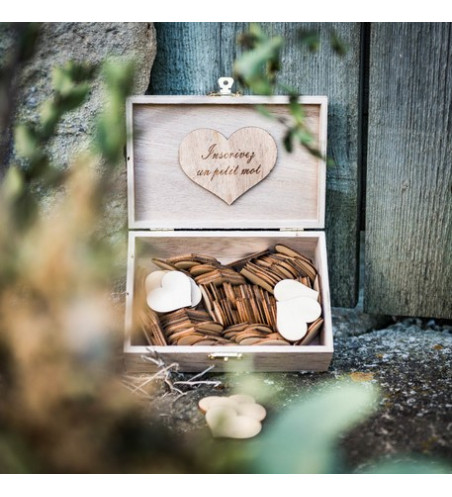 Livre d'Or mariage boite en bois + 96 coeurs en bois