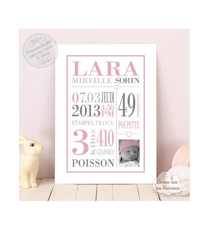 Tableau / Affiche de naissance personnalisé Typo 1 fille Format tableau  20 x 30 cm Support tableau Papier couché 250g (support non rigide)