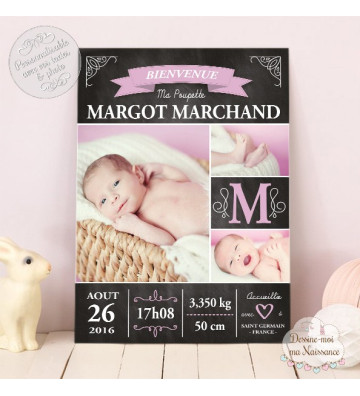 Affiche / Tableau de Naissance personnalisé - "Ardoise vintage fille"