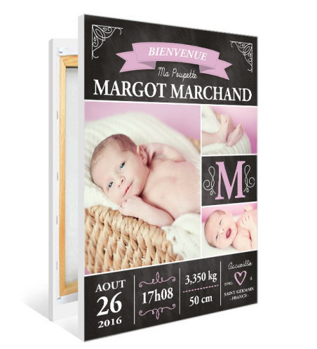 Tableau de Naissance personnalisé - "Ardoise vintage fille" SUR TOILE