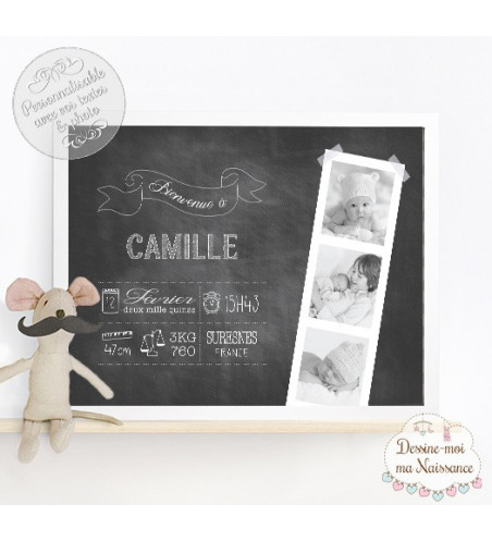 Affiche / Tableau de Naissance personnalisé - "Ardoise polaroid"