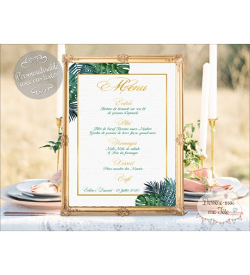 Tableau Menu Mariage " Tropiques Chic " personnalisé