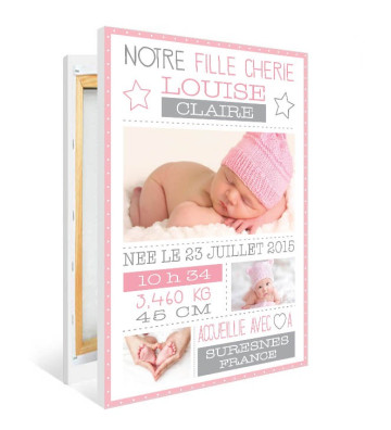 Tableau de Naissance personnalisé SUR TOILE - "Rétro fille"