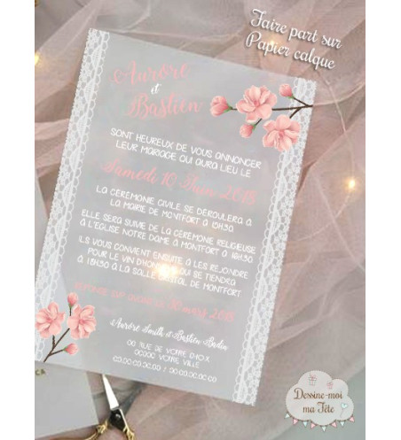 Faire part de Mariage papier Calque - Champêtre
