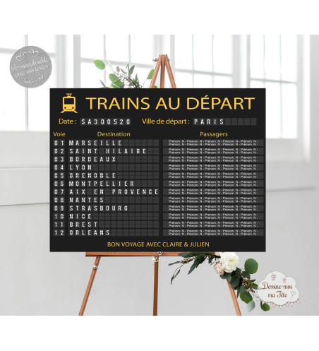 Plan de table Mariage "Panneau gare - Départ des trains" personnalisé