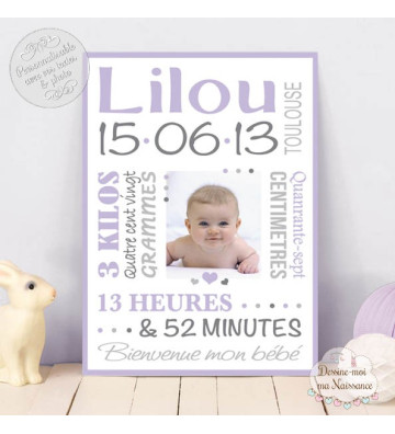 Affiche / Tableau de Naissance personnalisé - "Typo 4 violet"