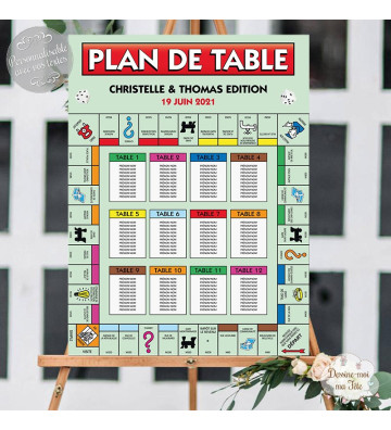 Plan de table Mariage "Monopoly / jeux de société" personnalisé