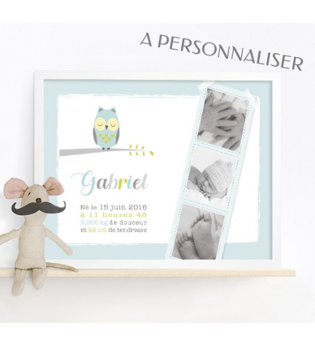 Affiche / Tableau de Naissance personnalisé - "Chouette"
