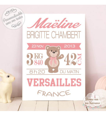 Affiche / Tableau de Naissance personnalisé - "Ourson fille"