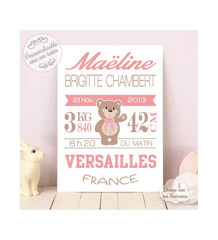 Tableau / Affiche de naissance personnalisé Ourson fille Format tableau  20 x 30 cm Support tableau Papier couché 250g (support non rigide)