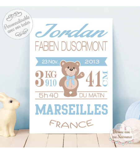 Affiche / Tableau de Naissance personnalisé - "Ourson garçon"
