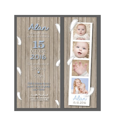 Faire part de naissance garçon - "Polaroïd bois marque-page" OUVERT