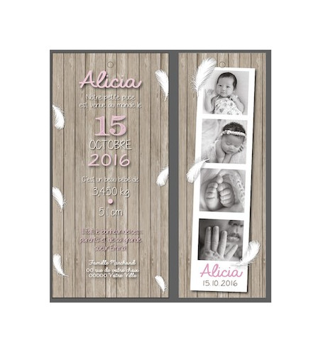 Faire part de naissance fille - "Polaroïd bois" ouvert